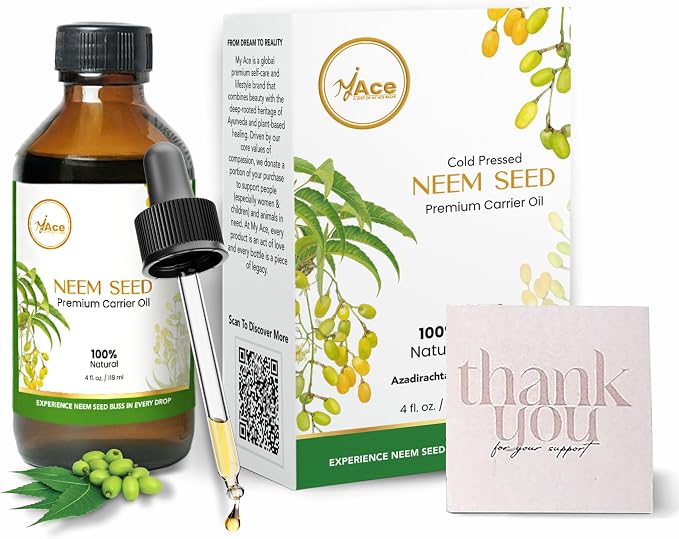 My Ace Neem Seed Carrier Oil 4 Fl Oz - 100% Pure & Natural - Premium Grade, Cold Pressed Unrefined for Skin & Face Care, Hair Growth, Facial, Body Massage, Scalp Treatment, Stretch Marks, Aromatherapy