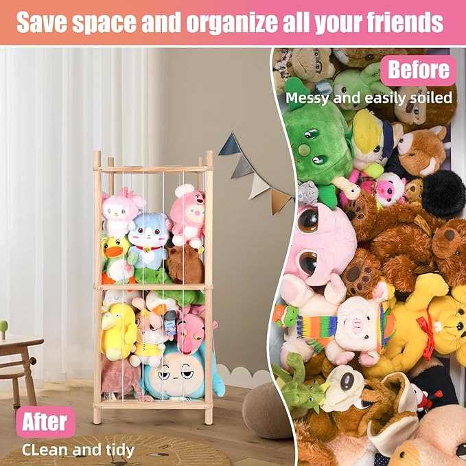 Wooden Stuffed Animal Storage Zoo Stuffed Animal Holder,Space Save Vertical Stuffed Animals Organizer with Elastic for Bedroom Playroom Nursery(40.9'' H (2-Shelf))