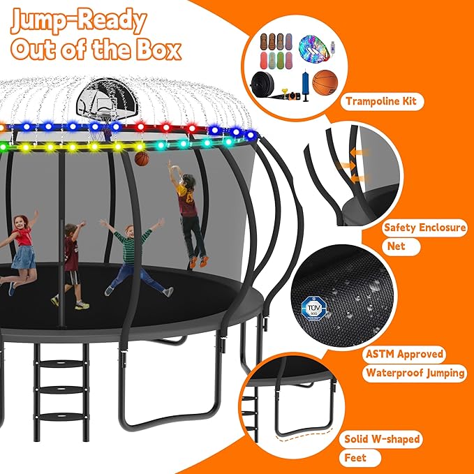 DeepRoar 2026 Upgraded 8/10/12/14/15/16FT Pumpkin Tranpoline for Kids, Heavy Duty 1500LBS Outdoor Tranpoline Set with Basketball Hoop, Light, Sprinkler & Socks, Recreational Trampolings, ASTM Approved