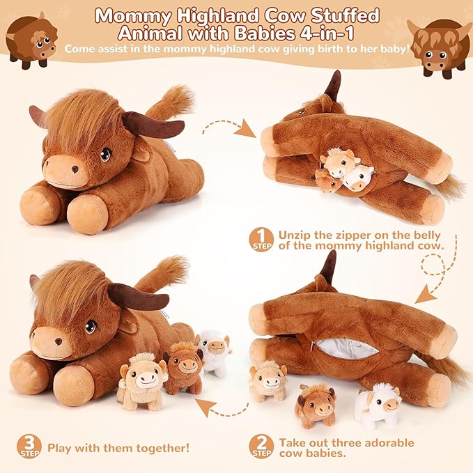 4 Pieces Highland Cow Stuffed Animals - 1 Mommy Stuffed Highland Cow with 3 Babies - Brown Cow Gifts for Girls Age 3-8, Cows Plush Toys for Christmas, Valentine's, Birthday Gifts (Brown)