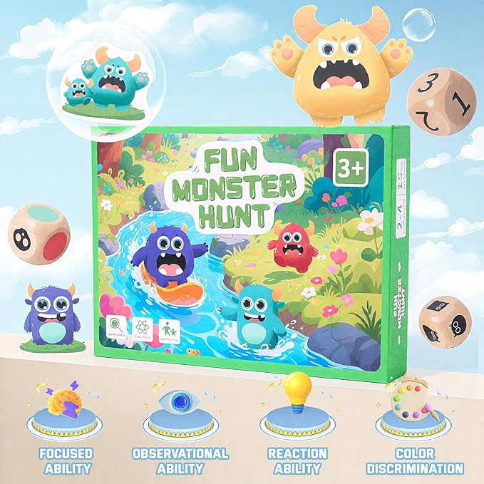 Fun Monster Hunt Kids Card Game for Ages 3+ Family Speed Matching Game with 36 Monster Cards & Dice Educational Party Favors for Hand-Eye Coordination