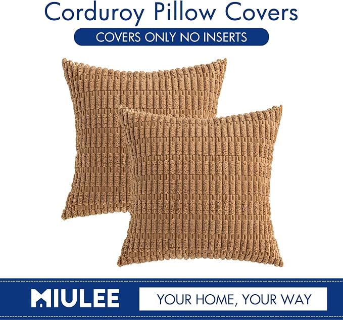 MIULEE Corduroy Decorative Throw Pillow Covers 16x16 Brown Pack of 2 | Soft Boho Striped Pillow Covers Modern Farmhouse Fall Home Decor For Sofa Living Room Couch Bed