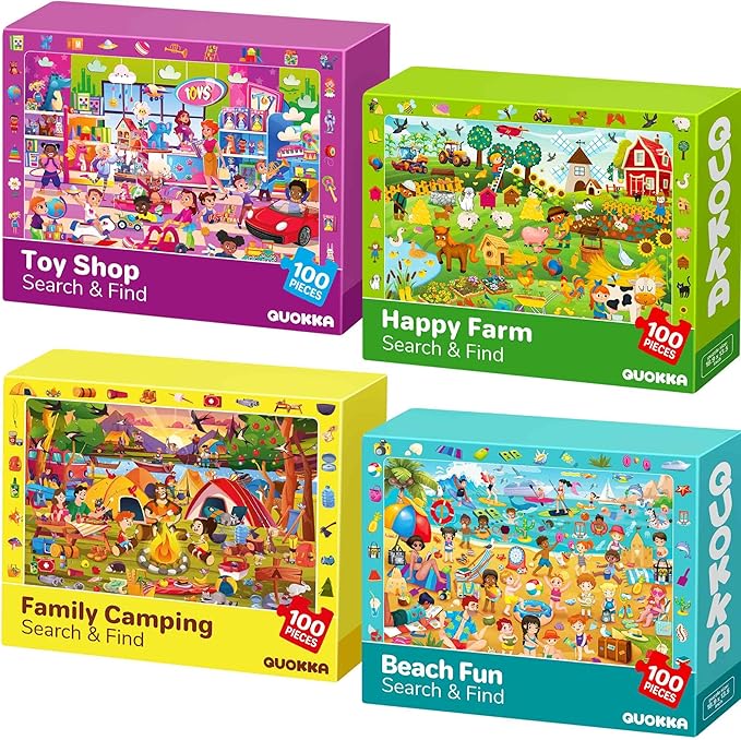 QUOKKA 100 Piece Puzzles for Kids Ages 4-6 – 4xSET Search and Find Kids Puzzles Ages 5-8 – Artist-Crafted Illustrations with Children Daily Life, Hidden Objects - Educational Activity Toy Gift