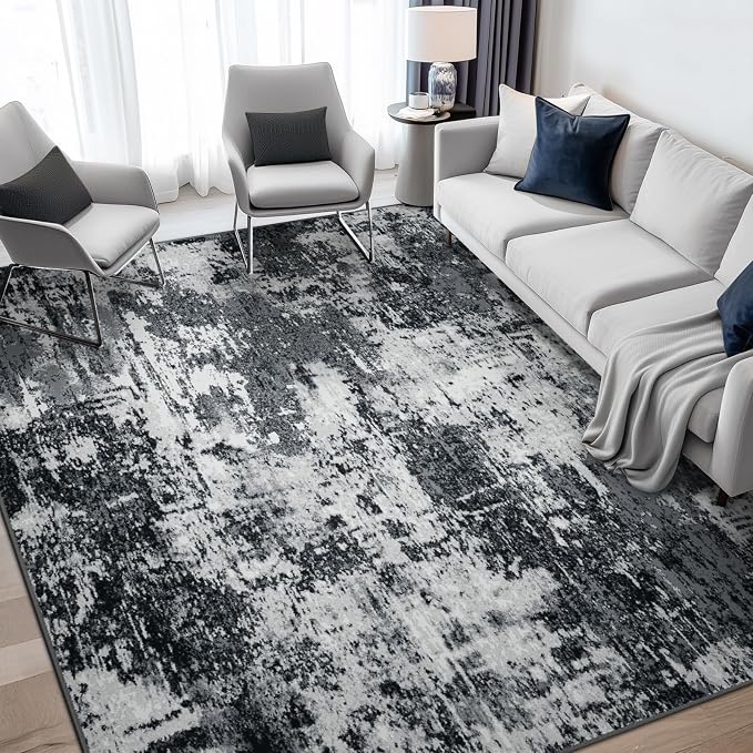 RELEANY Washable 6'x9' Abstract Area Rug for Living Room Black White | carpet for bedroom, kitchen, office, hallway and entryway, printed pattern, non-slip, soft, stain-resistant, easy to clean