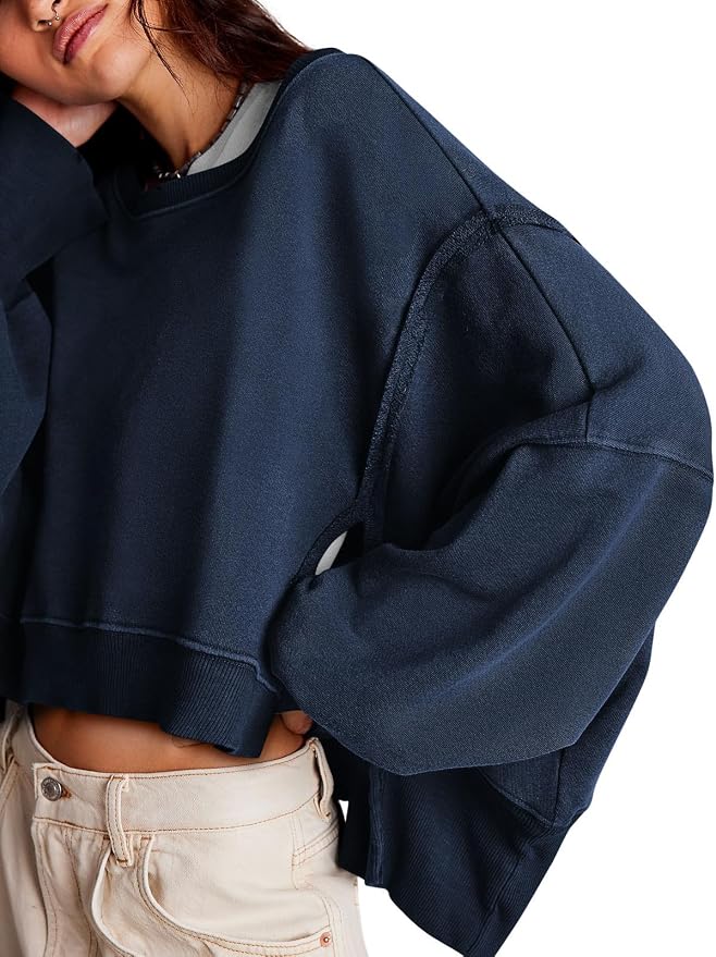 Zwurew Womens Casual Sweatshirt Cropped Shirts | Loose Fit, Tee Top, Pullover, Crop Hem, Design Trim, Daily Tops