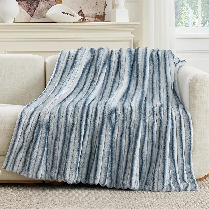 Cozy Bliss Faux Fur Throw Blanket for Couch, Cozy Warm Plush Striped Blanket for Sofa Bedroom Living Room, 60 * 80 Inches Blue