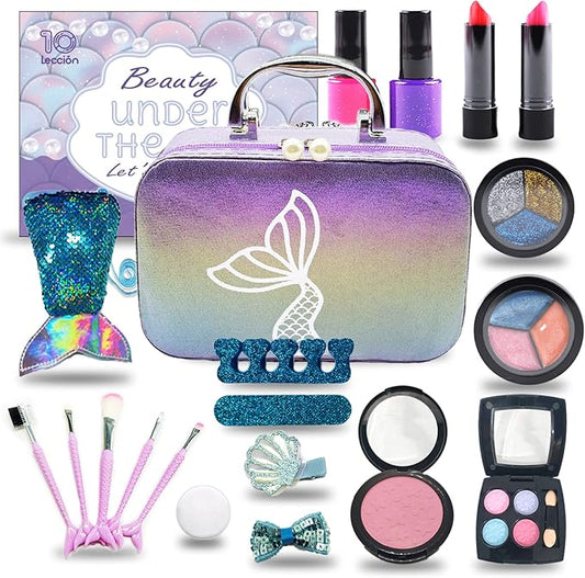 Kids Makeup Set for Girls - Non Toxic Washable Mermaid Makeup Kit, Little Mermaid Toys for Girl 5-7, 8-12，Princess Dress up Beauty Vanity Set，Ideal Party Gifts for Halloween Christmas and Birthday