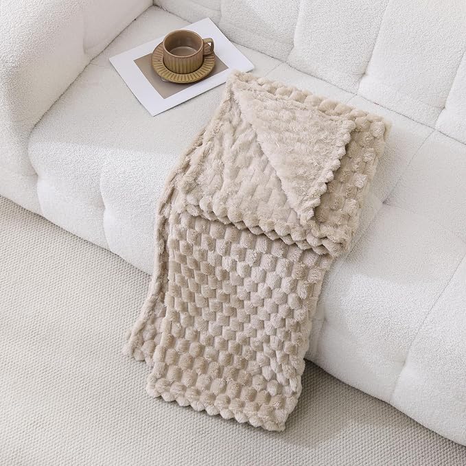 Beige Fleece Throw Blanket 60”×80” for Couch Sofa Bed Super Soft Cozy Plush Microfiber Flannel Blanket with 3D Jacquard Decorative Lightweight for Mom Woman