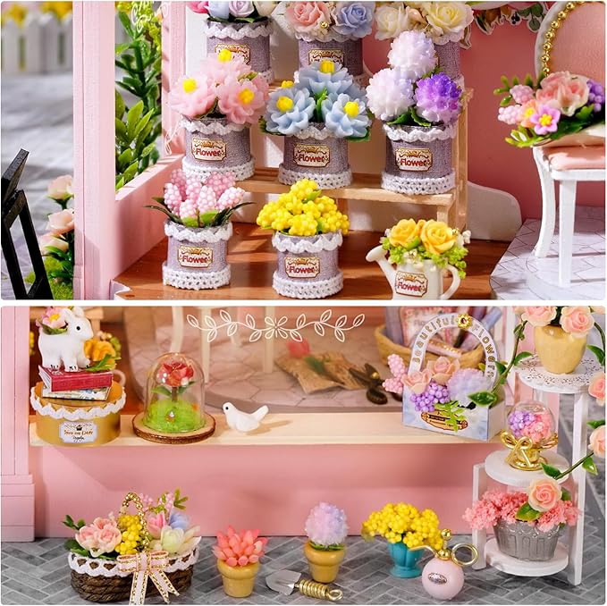 Foyucool DIY Miniature House Kit, Dollhouse Kit with LED Light, Mini House Building Kits for for Adult to Building, Christmas Home Decorations Gifts for Family and Friends, Pink World