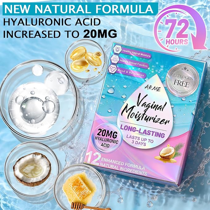 ARME 20MG Hyaluronic Acid Vaginal Moisturizers Suppositories + Coconut Oil&VE 72-Hour for Vaginal Dryness from Menopause, Surgery Hormone-Free Best Vaginal Dryness Products 1-Month Supply (12 Inserts)
