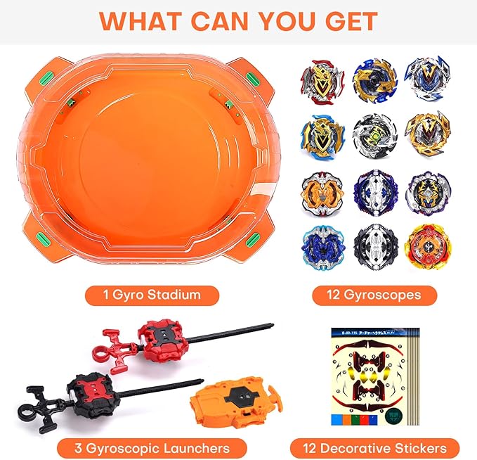 COCOFOX Burst Set, 12 Battling Tops 3 Launcher and 1 Stadium, Toys for 6 Year Old Boys & Girls & Up (Amazon Exclusive) Orange