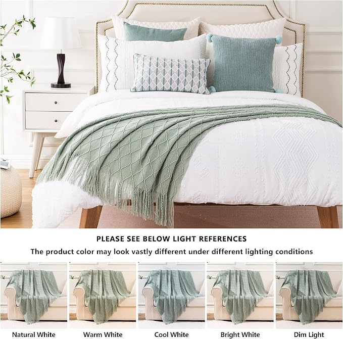 BATTILO HOME Sage Green Throw Blanket for Couch, Boho Bed Throws Blanket, Spring Decorative Light Blue Throw Blanket for Sofa Living Room, 52"x80"