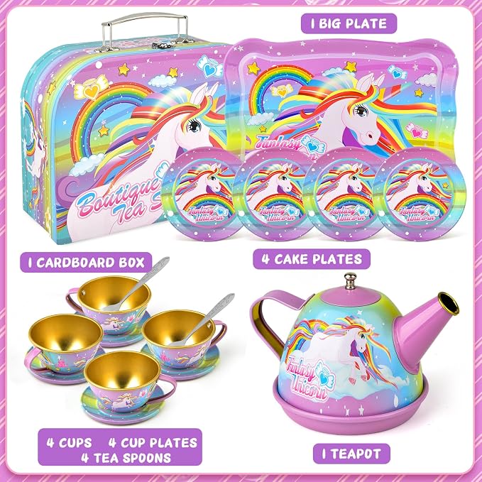 Unicorn Tea Party Set for Little Girls, Age 3 4 5 6 Year Old, Toddler Kids Kitchen Pretend Play Toys with Tin Tea Set, Cake Stand, for Girls Boys