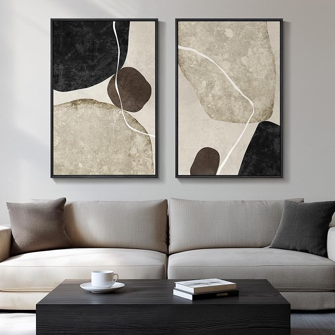 Large Framed Neutral Black Brown Abstract Wall Art for Living Room, 24x36 | 2 Piece, Canvas prints, Black beige brown paintings, Modern minimalist artwork, Stone pictures, Dining bedroom wall decor
