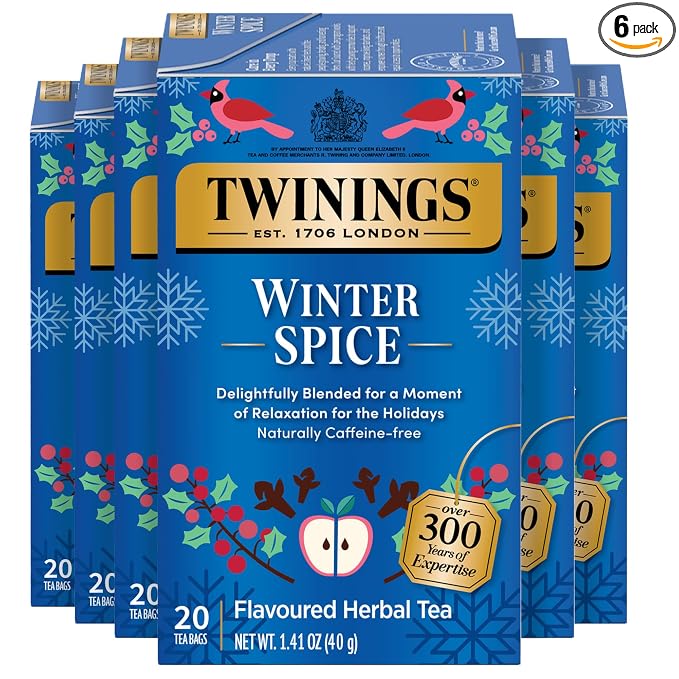 Twinings Winter Spice Herbal Tea Individually Wrapped, 20 Count (Pack of 6), Camomile, Apple, Cinnamon, & Clove, Caffeine-Free, Enjoy Hot or Iced, 120 Teabags