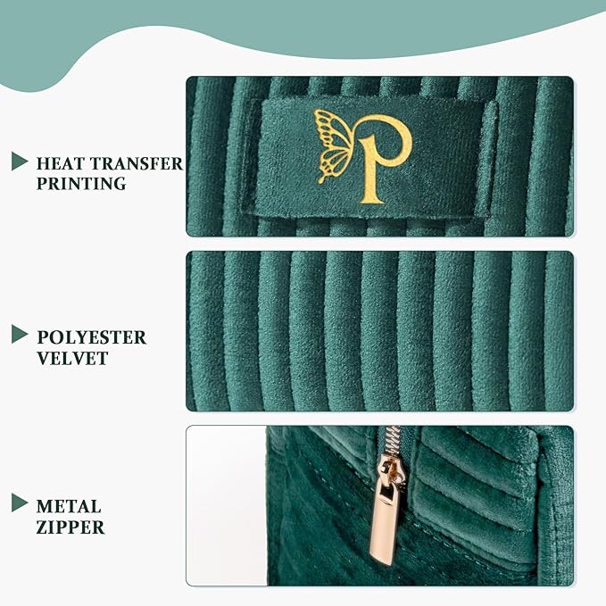 COSHAYSOO Travel Makeup Bag Quilted Make Up Pouch Initial Cosmetic Case with Butterfly Decorations for Women Lipstick Glossier Lipgloss Lip Stain Moisturizer Mascara Eyeliner Organizer Green Letter P