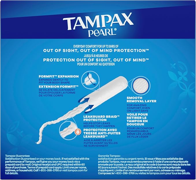 Tampax Pearl Tampons, Regular/Super Absorbency | Unscented | Leakguard Braid | 34 Count | Pack of 2
