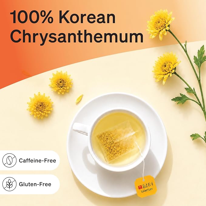 Damtuh Korean Chrysanthemum Tea Bags, Caffeine-Free, 20 Count | 20 Individually Wrapped Tea Bags | Herbal Flower Tea | Sugar-Free | 0 Calories | Hot or Iced | Light Floral Taste