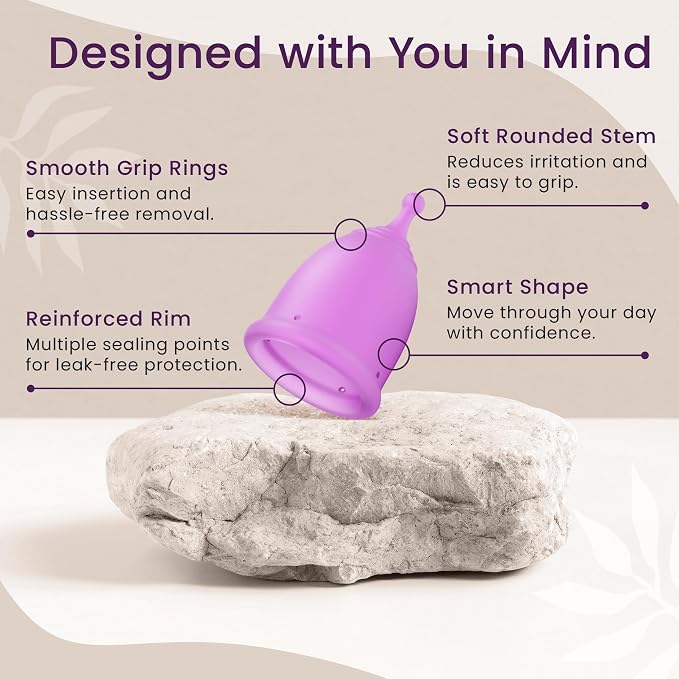 EcoBlossom Reusable Menstrual Cup and Case - The Most Reliable Medical Grade Silicone Period Cups - Comfortably use for 12 Hours (Small/Large (Pack of 2), Round Stem & Case)