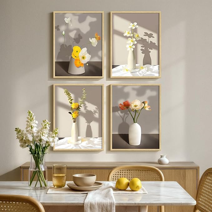 Framed Botanical Floral Wall Art, 4 Piece Yellow Flower Canvas Painting Prints Artwork for Walls, Modern Elegant Pictures for Living Room Bedroom Kitchen Hallway Dining Room Home Decor, 12x16 Inch