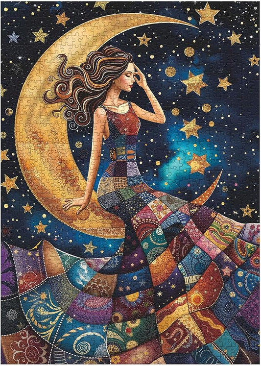 Pretty Women Patch Puzzles for Adults 1000 Pieces, Beautiful Quilt Sewing Art Challenging Jigsaw Puzzles, Colorful Moon Stars Aesthetic Impossible Hard Difficult Puzzle