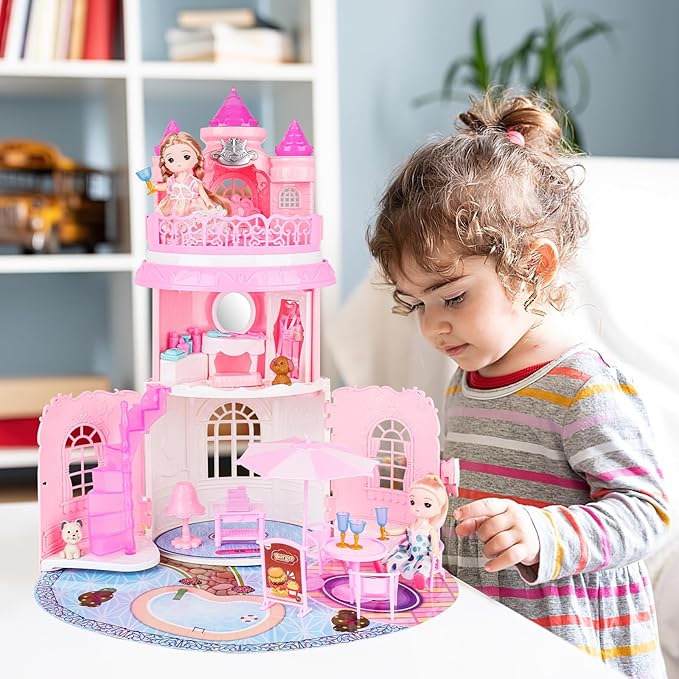 deAO Doll House for Girls Portable Playset Dollhouse Castle Kids Pretend Play with 2 Doll Toy Figures,Living Room,Bedroom,Balcony & Accessories for 3 to 7 Year Olds Kids (Pink)
