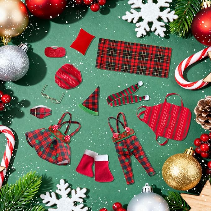 Christmas Doll Clothes Accessories Kits, 15PCS Christmas Checkered Suspender Pants & Skirt, Sleeping Bag, Bathrobe, Apron, Skirt , Glasses, Eye Mask, Scarf for Doll Holiday Decoration