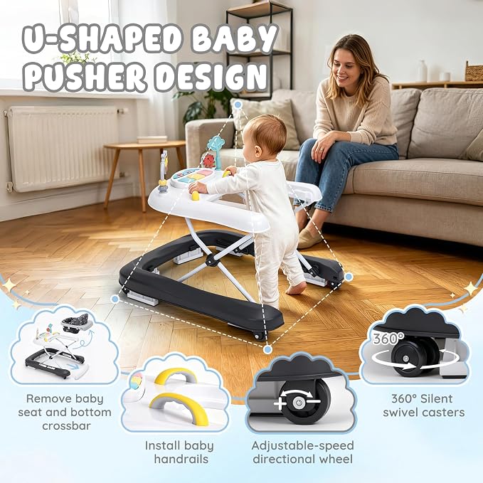 Baby Walker with Wheels, 5-in-1 Foldable Push Walker for Baby Boys 6-12 Months, Baby Walker & Bouncer Combo, Adjustable Height, Music Light Infant Activity Center Bouncer Walker(Black)