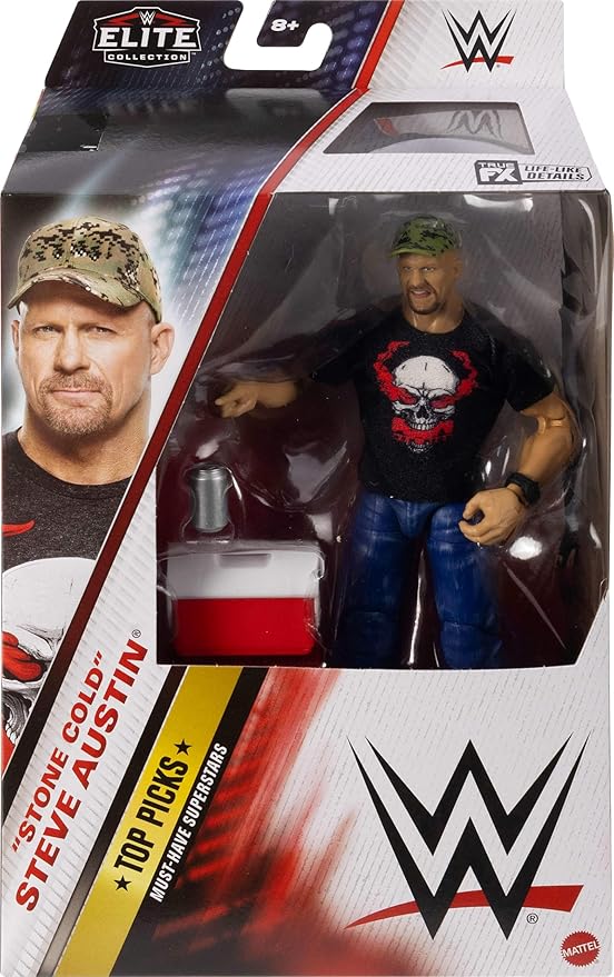 Mattel WWE Top Picks Elite Action Figure & Accessories Set, “Stone Cold” Steve Austin 6-inch Collectible with Swappable Hands, Ring Gear & 25 Articulation Points