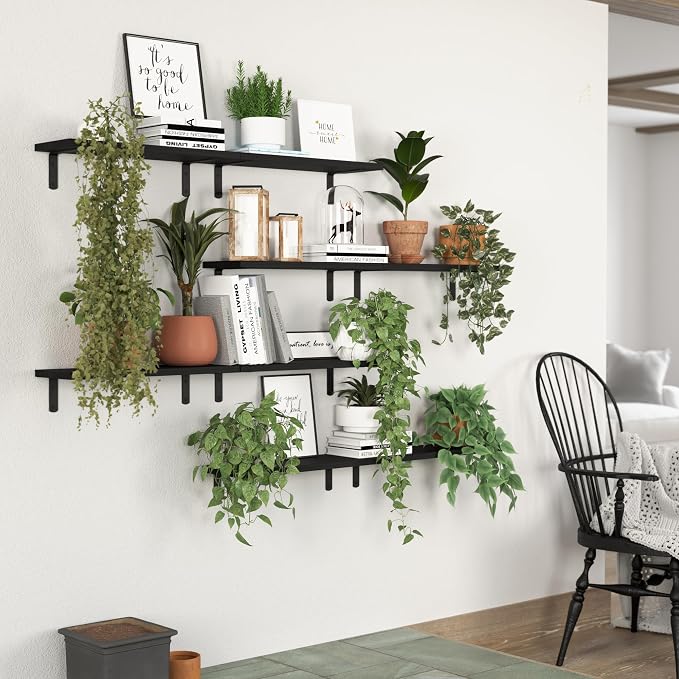 DOLLFIO Floating Shelves, 8 Sets Wooden Floating Shelves for Bedroom & Bathroom Wall Decor, Floating Book Shelf Living Room Black