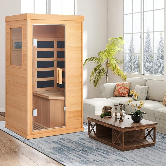 1 Person Sauna, Infrared Home Sauna for Detox & Muscle Recovery, Full Spectrum Hemlock Wooden Dry Sauna with Bluetooth & Tempered Glass Door, Compact Personal Sauna for Gym, 110V