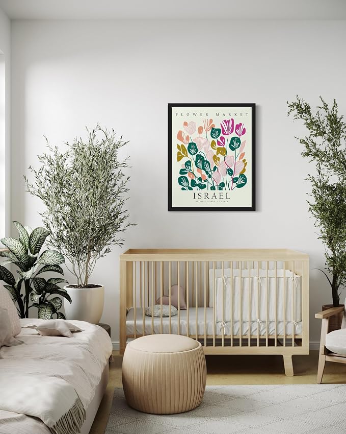 Israel, Cyclamen Art Print Poster, Flower Market Wall Art, Floral Artwork Decor for Bedroom, Kitchen, Bathroom, Livingroom Decoration 52 (Israel, Cyclamen, 10"L x 8"W, Black Frame)