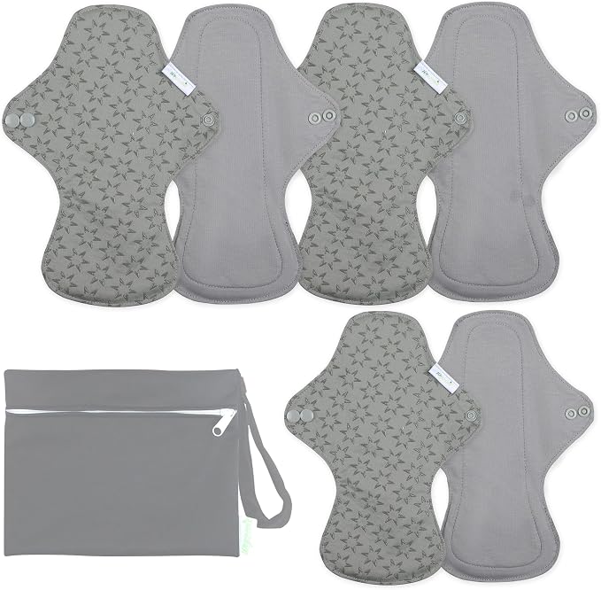wegreeco 6 Pcs Reusable Menstrual Pads, Ultra Absorbent Cloth Pads for Heavy Flow, Sanitary for Teens, Women, Nonslip, Grey Inner, Grey Outer, Small