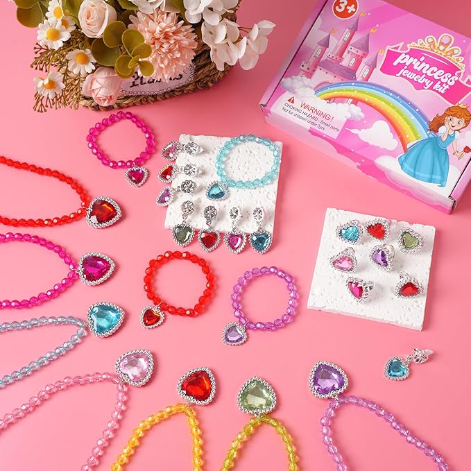 Princess Jewelry Set for Girls with Colorful Necklace Bracelets Rings Earrings Birthday Gifts Party Favors Pretend Play Dress up Costume Friendship Jewelry for Toddler Girls (Heart)