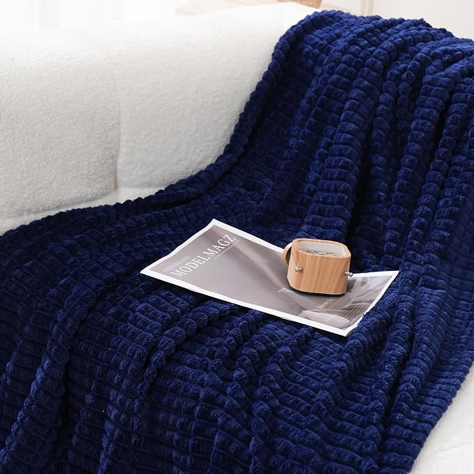 Puncuntex Fleece Throw Blanket Navy Blue 60"×80" with Square Grid Design | Super Soft Plush Cozy Flannel Throw Blanket Luxury for Couch Sofa Chair