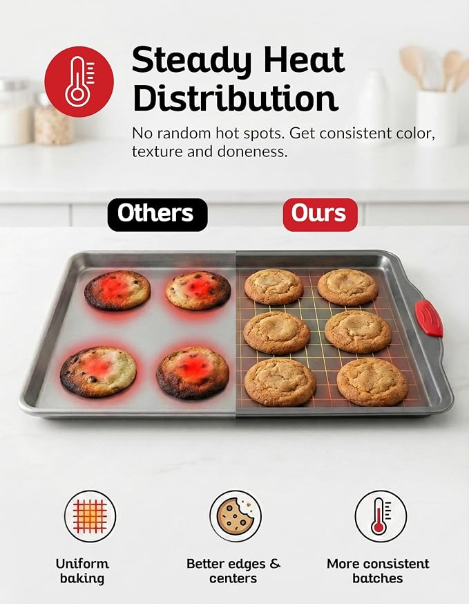 Premium Nonstick Baking Sheet Pans – Set of 3, Heavy-Gauge Carbon Steel, Warp, Dent, and Rust-Resistant – Gourmet Rimmed Half Cookie Sheet Trays, Non-Toxic for Exceptional Baking Performance