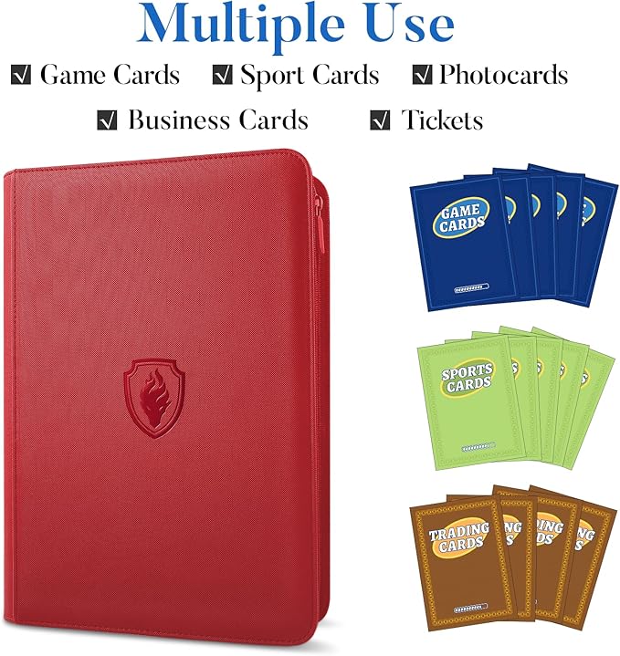 Premium Zip Card Binder, Fabmaker 9 Pocket Trading Card Binder, PU Cover Zipper Card Collection Album, Sturdy 360 Side-Loading Card Folder Holder for Game & Sports Cards, Red