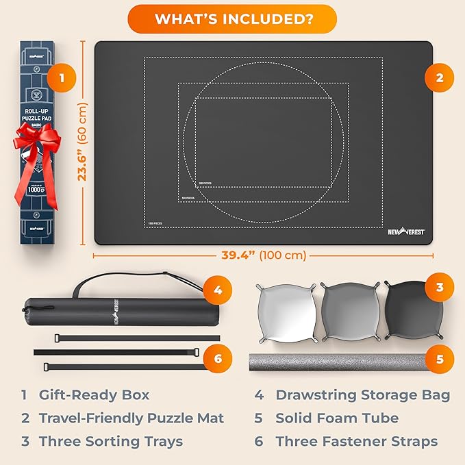 Newverest Jigsaw Puzzle Mat Roll Up, Saver Pad 39.4” x 23.6” Portable Keeper Up to 1000 Pieces with Non-Slip Rubber Bottom and Polyester Top + 3 Puzzle Sorting Trays, Travel-Friendly Storage Bag