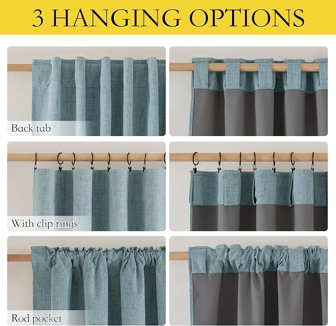 NICETOWN Skylark Blue Full Blackout Back Tab Linen Curtains for Bedroom 84" Long 2 Panels, Boho-Chic Thick Linen Blend Drapes, Insulated Window Cover Draperies with White Backing for Cafe (42" Wide)