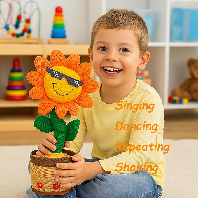Easfan Dancing Sunflower Singing Talking Shaking Glowing Interactive Toy Repeats What You Say Electric Cute Sunflower Plush Toy Birthday Christmas Festival Gifts for Toddlers Kids,13.5’’