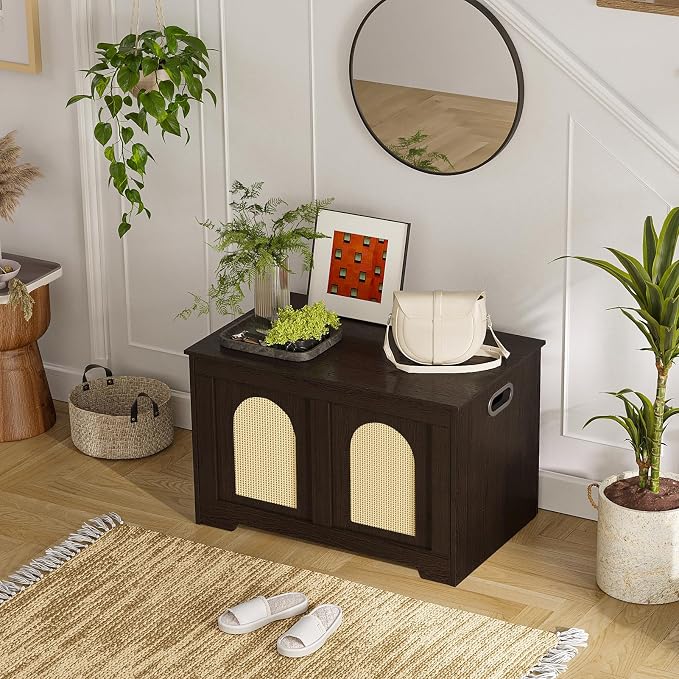 Storage Chest, Wooden Toy Box, Espresso Oak 31.5" L | Entryway Shoe Bench, 2 Safety Hinges, Finger-safe Flip-Top, Easy Assembly, Farmhouse Large Trunk, Rattan, Living Room/Bedroom