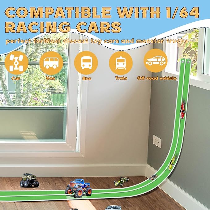 Flex Tracks 15 Ft for Kids Starter Set, Flexible Race Car Ramp Track with Suction Cups Compatible with Hot Wheels and Diecast 1/64th Cars for Ages 3 & Up (Green & White)