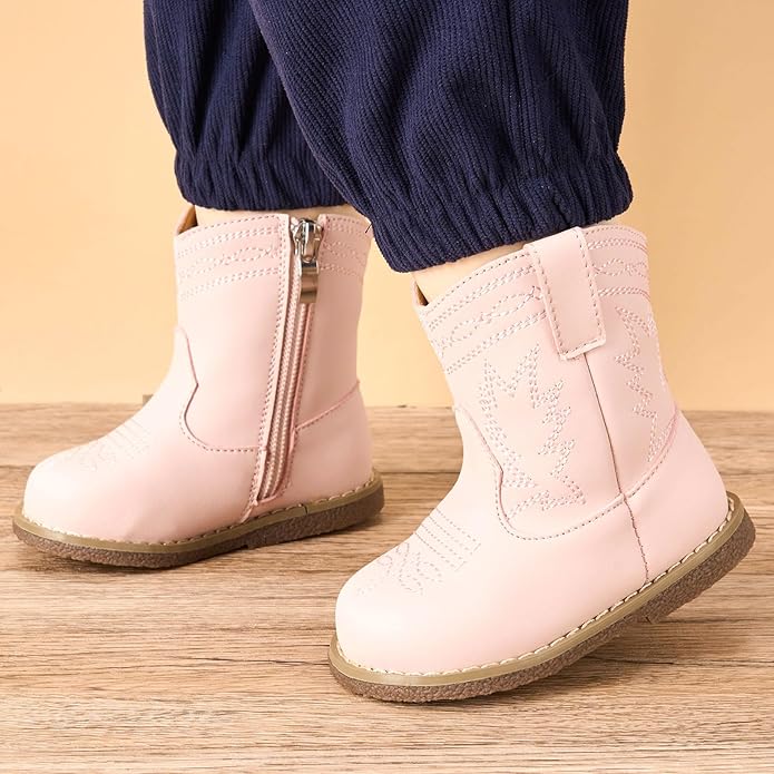 Newsonet Baby Cowboy Cowgirl Boots Infant Western Boots Toddler Boys Girls Round Toe Riding Mid Calf Boots All Seasons for 6 9 12 18 24 Months