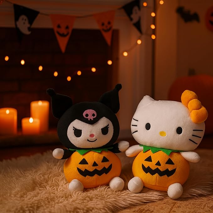 7-Inch Halloween Pumpkin Cat Plush, Soft and Cute Kitty Stuffed Animal, Adorable Halloween Decoration and Gift (White)