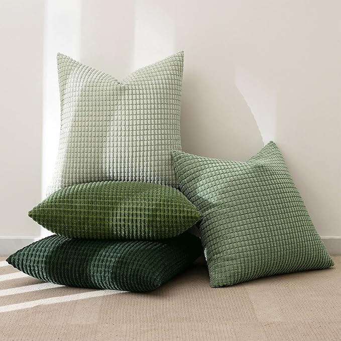 MIULEE Boho Decorative Pillow Covers 16x16 Inch Set of 4 Forest Green | Boho Farmhouse Home Decor, Modern Nordic Throw Pillow Covers, Summer Soft Corduroy for Couch Sofa Bed Living Room