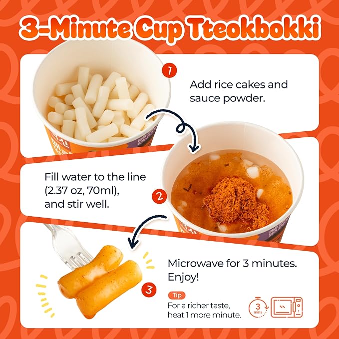 Dongwon Yangban Instant Tteokbokki Cup, 6-Pack with Forks, Sweet & Spicy Korean Rice Cakes in Gochujang-Style Chili Sauce, Microwave Ready in 3 Minutes, Mild-Medium Heat Snack, 4.23oz (120g)