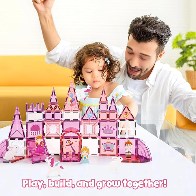 Magnetic Tiles (58PCS), Pegasus Castle STEM Building Set with Princess and Prince, Educational Toys Gift for Girls Ages 3+