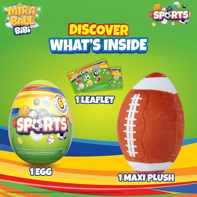 MiraBall Bibi Sport - Surprise Egg Capsule with Memory Foam Expandable Plush Toy – 3.7" (9.5cm) Soft Collectible with Hidden Surprises – Fun Gift for Kids, Parties, Holidays, Stocking Stuffers