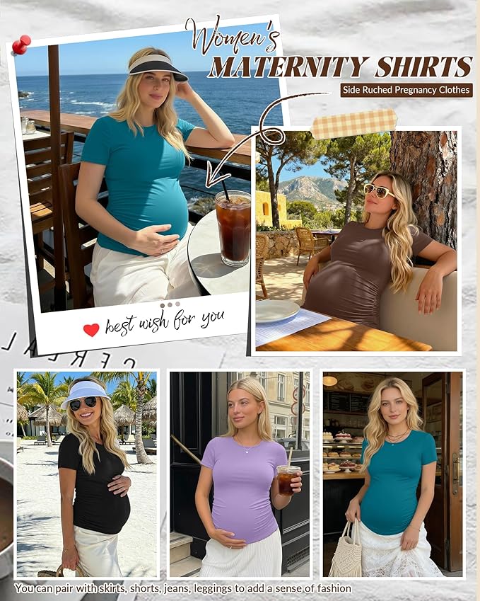 Huukeay 4 Pack Women's Maternity Shirts, Crew Neck Maternity Top Short Sleeve Casual Cotton Tee Side Ruched Pregnancy Clothes