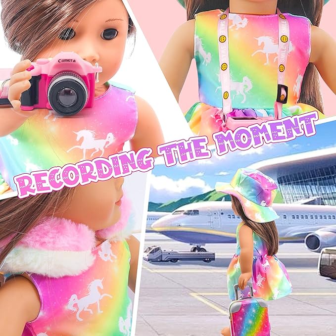 HAPGFS American 18 Inch Doll Accessories Travel Set Brilliant Colors Including Suitcase Luggage and Dress with Hat, Camera, Makeup Sets Dolls Travel Gear Play Set Gift for Birthday (NO Doll)